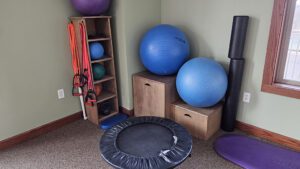 Home equipment of yoga balls, trampoline, and other items