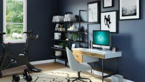 Home office with workout equipment